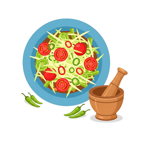 An illustration of a plate of food with tomatoes and peppers and a mortar.のイラスト素材