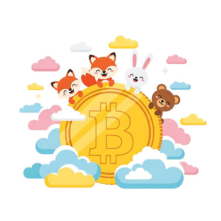 A playful illustration of cartoon animals on a large gold Bitcoin coin with colorful cloudsのイラスト素材