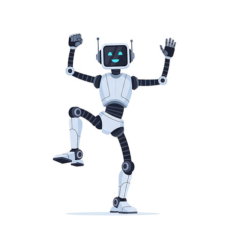 A cartoon robot with a smiling face and black accents dancing energetically.のイラスト素材