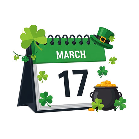 Illustration of a calendar page on March 17th with St. Patrick's Day symbols.のイラスト素材