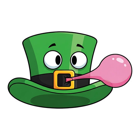 A whimsical illustration of a green top hat with a gold buckle blowing a pink bubble.のイラスト素材