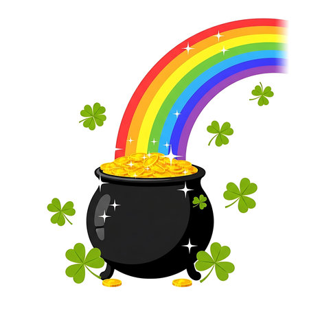 An illustration of a black pot filled with gold coins under a rainbow with green shamrocks.のイラスト素材