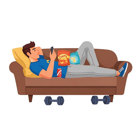 A man lounges on a brown couch eating chips and using his phone.のイラスト素材