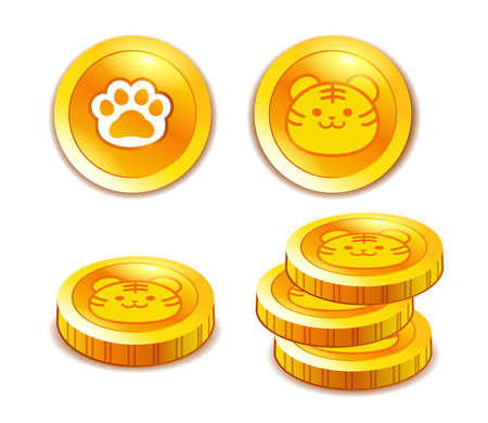 stack of tigers and animal paws on gold ingots coin.のイラスト素材