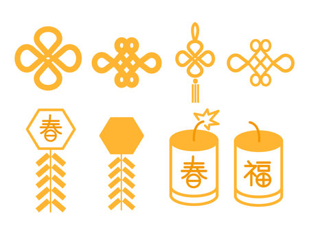 Set of flat firecracker vector for Chinese Spring Festival to set off, red, yellow, orange, green, purple, blue fireworks cartoon element illustration, Chinese New Year celebration.のイラスト素材