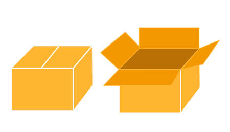 Collection of cardboard boxes. Opened, closed, sealed, cubic, big and small. Red striped and bow tied confetti explosion. Flat style vector illustration isolated on white background.のイラスト素材