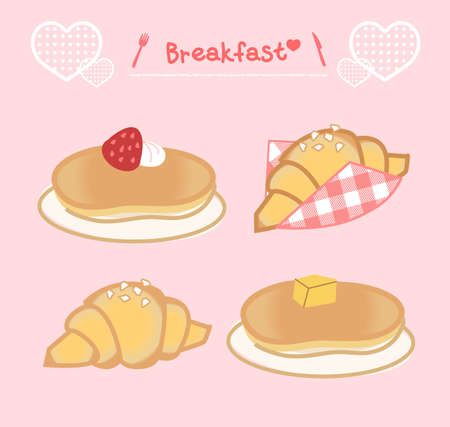 Breakfast vector coffee and fried eggs with sweet dessert in the morning illustration set of muffins and croissants during coffee break isolated on pink backgroundのイラスト素材