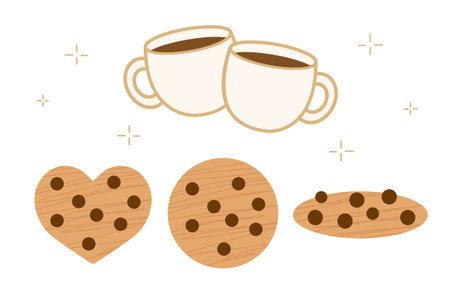 Vector Illustration - White Coffee Cup and Chocolate Round Biscuits and Heart Biscuits Material Setのイラスト素材