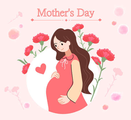 Pregnant woman, cartoon character in flat style. Beauty waiting for baby. Mother's Day card full of flowersのイラスト素材