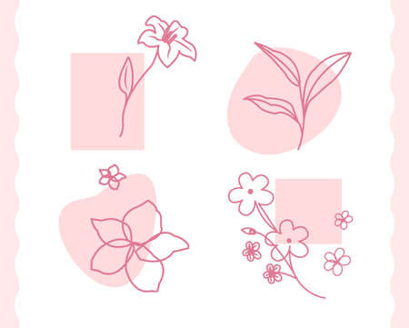 Line hand drawn floral plants. Long stem rose. Hand drawn color block vector illustrationのイラスト素材