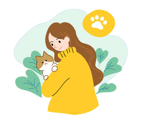 Flat style girl and cat with warm atmosphere on natural backgroundのイラスト素材