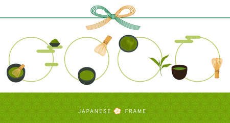 Matcha style decorative frame, Japanese tea ceremony elements patternのイラスト素材