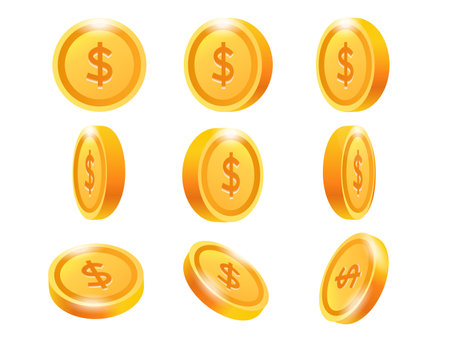 A set of gold money dollar icon material in various angle stylesのイラスト素材