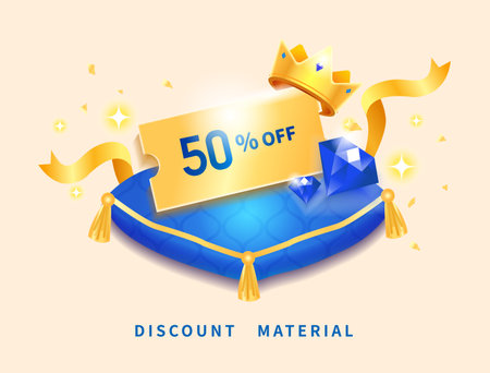 Premium sale template, royal gold crown inlaid with precious stones, lying on blue ceremonial pillowのイラスト素材
