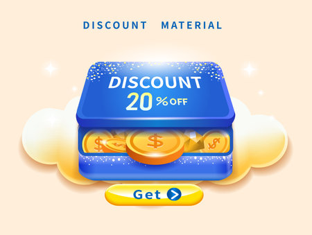 Blue gift box template with 20% discount sale text, full of gold coins and rewardsのイラスト素材