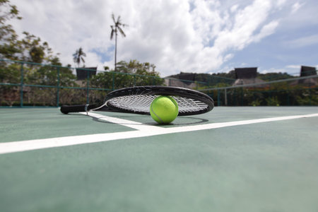 Tennis Racket and Ball on Outdoor Court