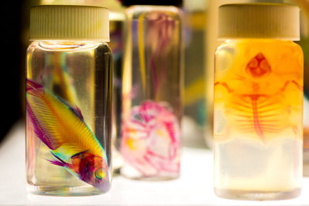 Colorful Preserved Fish Specimens in Laboratory Jars