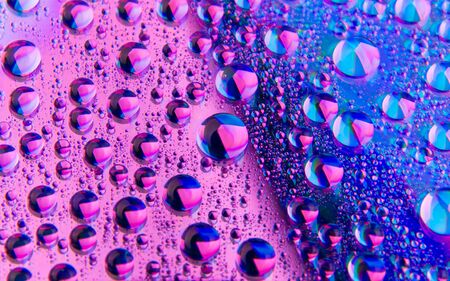 Bicolor drops of water, crimson and blue background