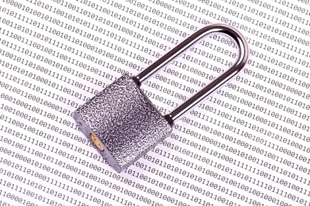 The padlock on the binary code of ones and zerosの写真素材