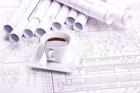 Cup of coffee and detail drawingの写真素材