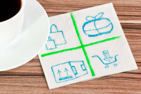 Mail logo on a napkin and cup of coffeeの写真素材