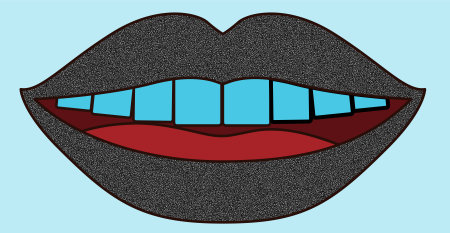 mouth with tongue and doodle element. Vintage vector set. Retro halftone effect with sky blue backgroundの写真素材