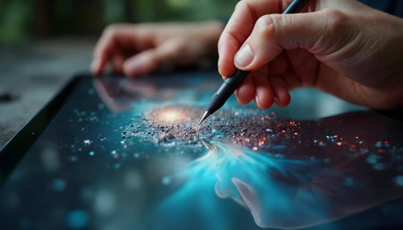 Close up of woman's hands using tablet pc with fire and smokeの素材