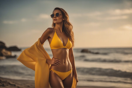 Beautiful girl in bikini on the beach at sunset. Sexy woman in yellow swimsuitの素材