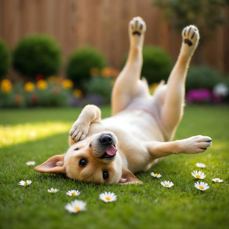 Labrador retriever dog lying on the grass with daisiesの素材
