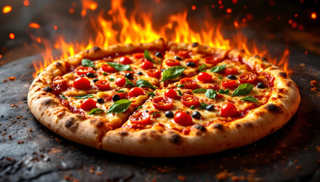 Pizza with mozzarella, tomatoes and basil on a dark backgroundの素材