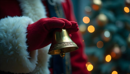Close up of Santa Claus hand holding Christmas bell with bokeh backgroundの素材