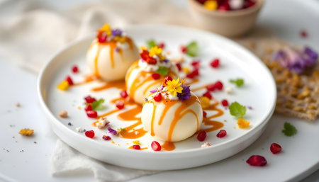 Creamy panna cotta with pomegranate seeds and caramel sauceの素材