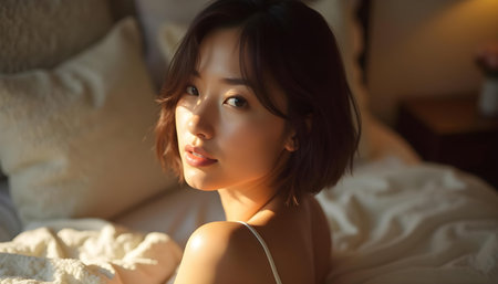 Portrait of beautiful young asian woman in bedroom at morning.の素材