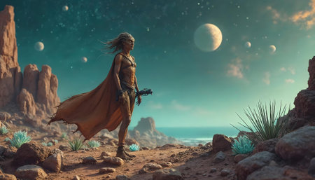 Fantasy woman warrior in the desert. 3d render illustration.の素材