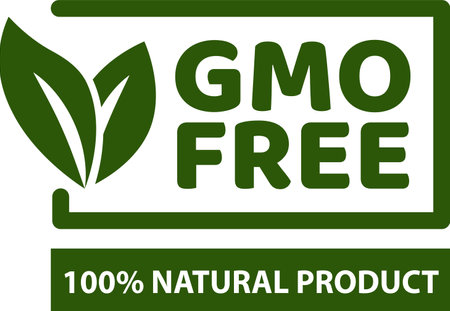 Gmo free product label with green leaves and text on white backgroundのイラスト素材
