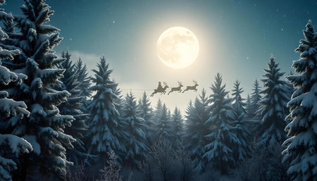 Santa Claus flying in his sleigh over the forest at night.の素材