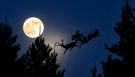 Silhouette of Santa Claus with reindeer sleigh in front of full moonの素材