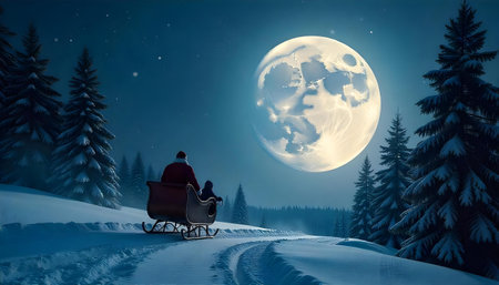 Santa Claus with his sleigh in the winter forest at night.の素材