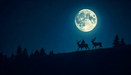 Silhouette of reindeer and full moon in night sky.の素材