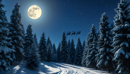 Fantastic Christmas landscape with snowy fir trees and full moon.の素材
