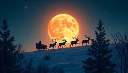 Santa Claus and reindeers on the background of the full moonの素材