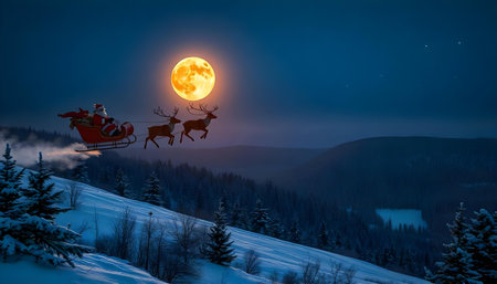 Santa Claus flying with reindeer in the mountains at night.の素材