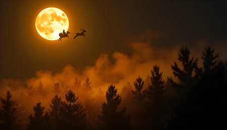 Santa Claus flying with reindeer over forest at full moon nightの素材