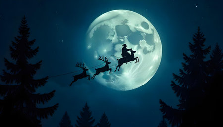 Santa Claus flying in the night sky with reindeer sleighの素材