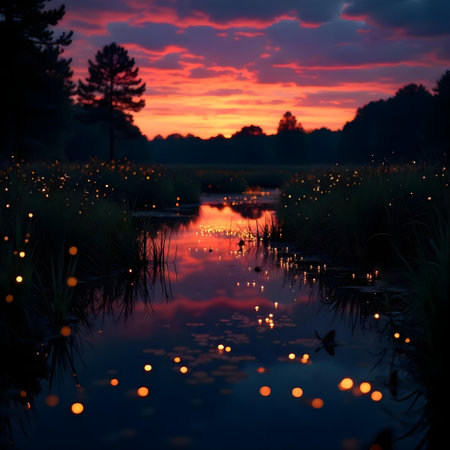 Beautiful sunset over a small lake with reflection in the water.の素材