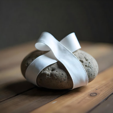 Spa still life with massage stone and ribbon on wooden background.の素材
