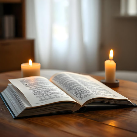 Open book with burning candles on wooden table in room, closeupの素材