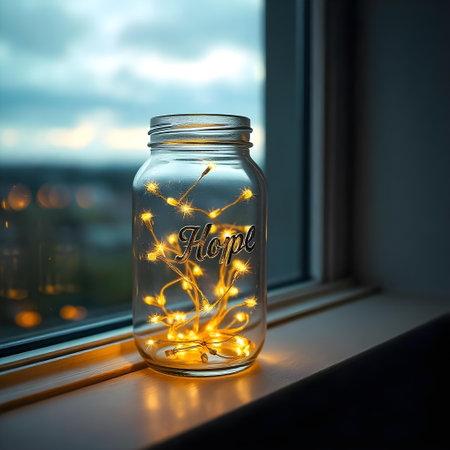 Glass jar with glowing lights inside on the windowsill. Blurred backgroundの素材