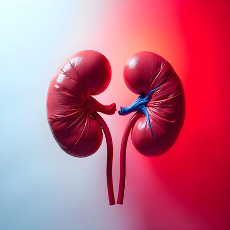 Human kidney anatomy on a colored background. 3D Rendering.の素材