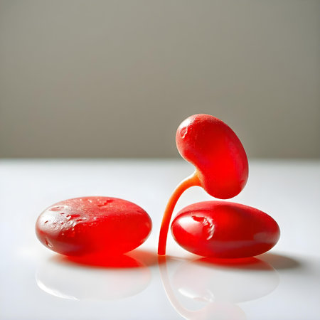 Red gummy candies on a white background, close-upの素材